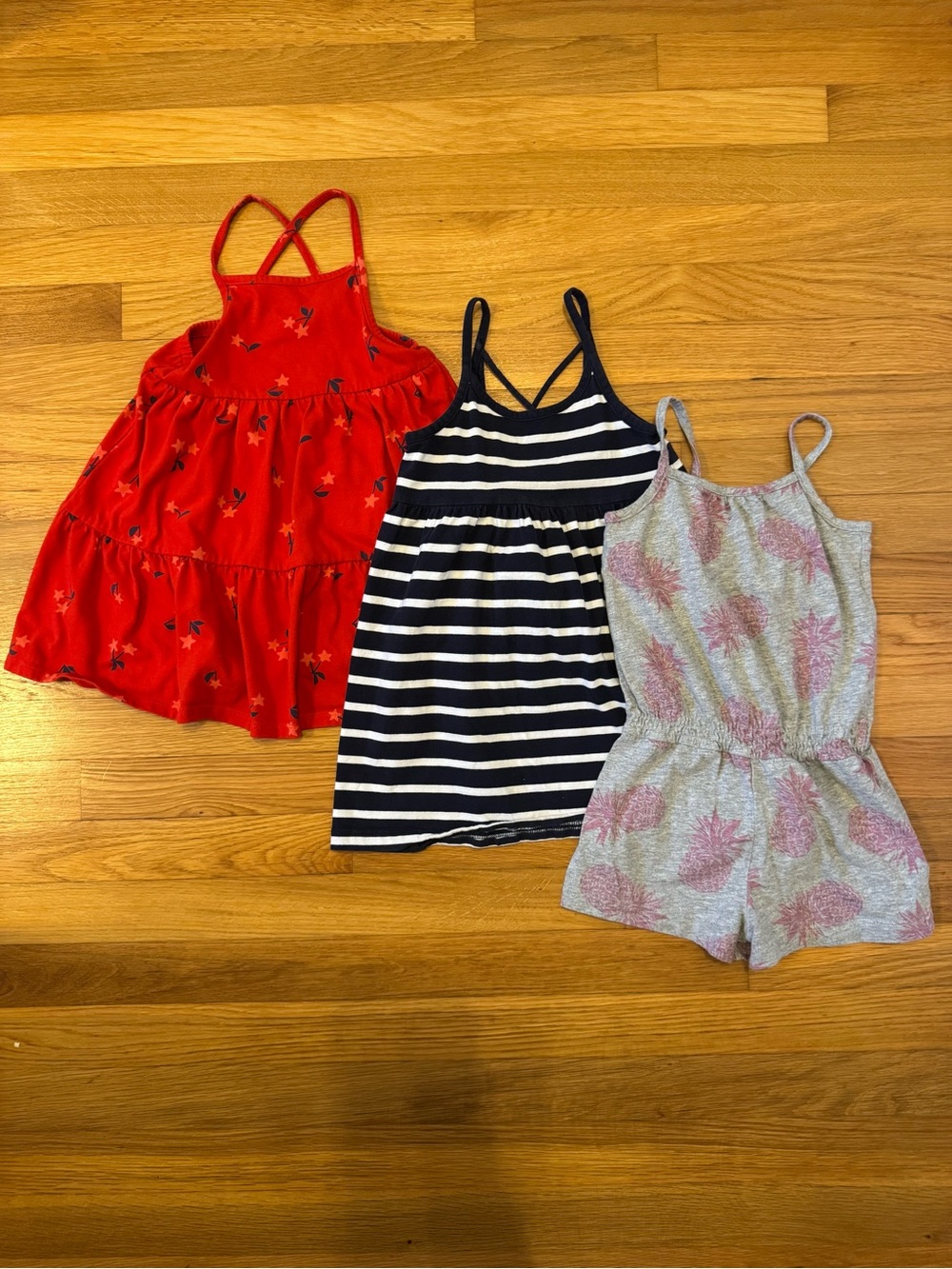 GAP Red Tiered Strappy Dress with Navy Stripe and Gray Pineapple Romper Trio